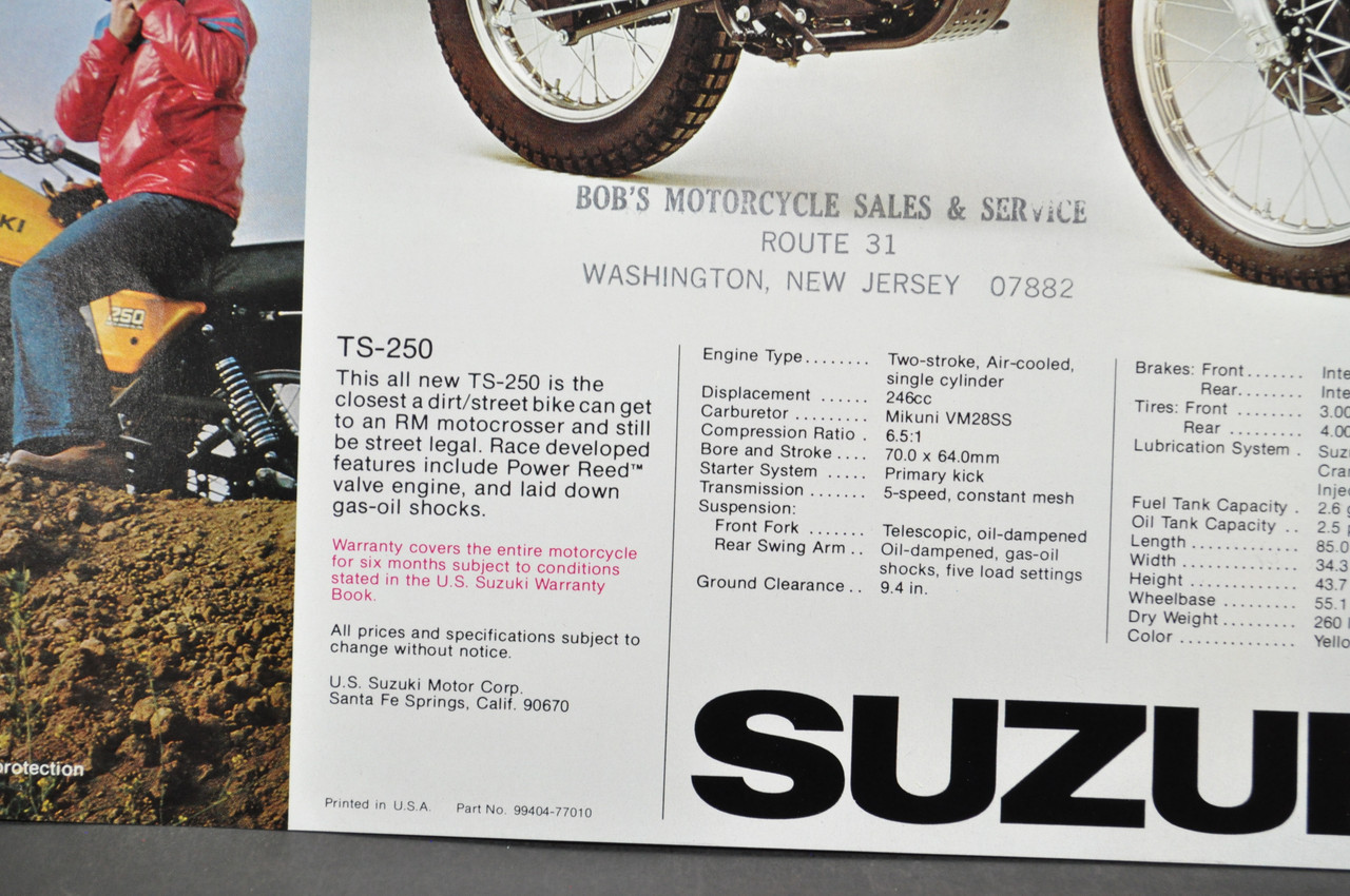 Vintage NOS 1977 Suzuki TS250 TS185 Brochure Motorcycle Specs Dealer Stamps OEM