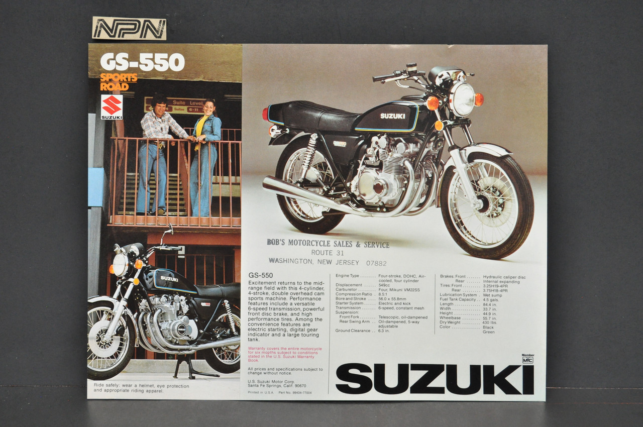 Vintage NOS 1977 Suzuki GS550 GS400 Brochure Motorcycle Specs Dealer Stamps OEM