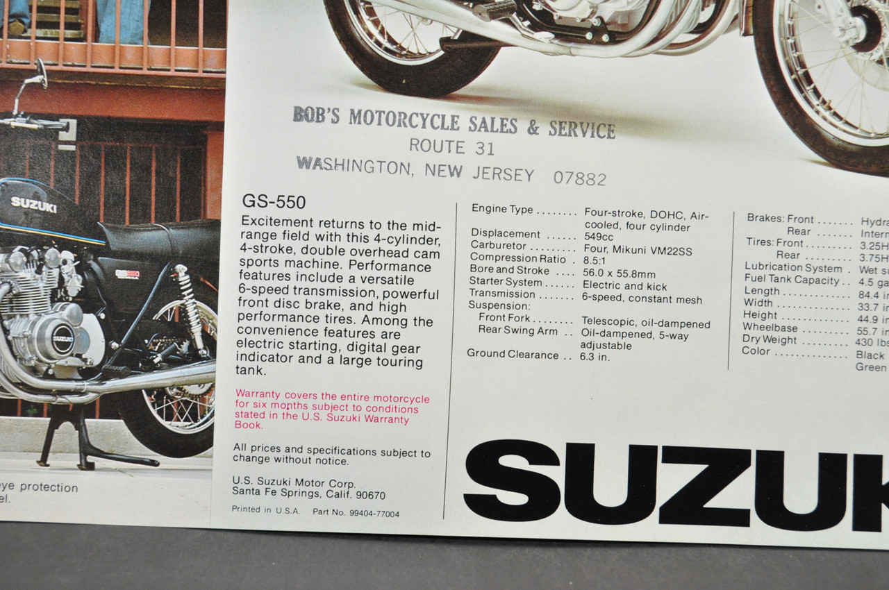 Vintage NOS 1977 Suzuki GS550 GS400 Brochure Motorcycle Specs Dealer Stamps OEM