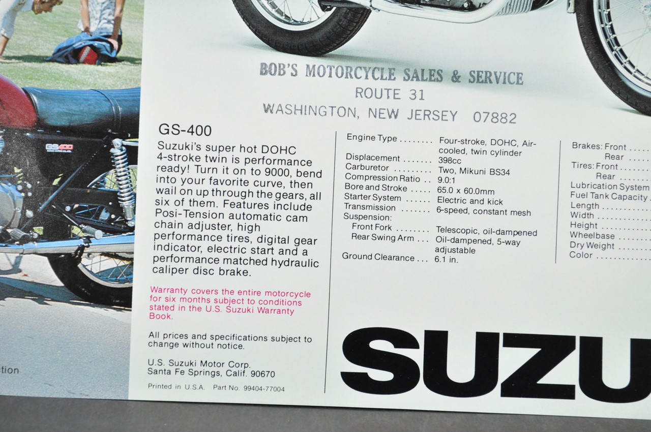 Vintage NOS 1977 Suzuki GS550 GS400 Brochure Motorcycle Specs Dealer Stamps OEM