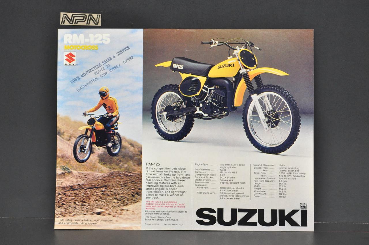 Vintage NOS 1977 Suzuki RM100 RM125 Brochure Motorcycle Specs Dealer Stamps OEM