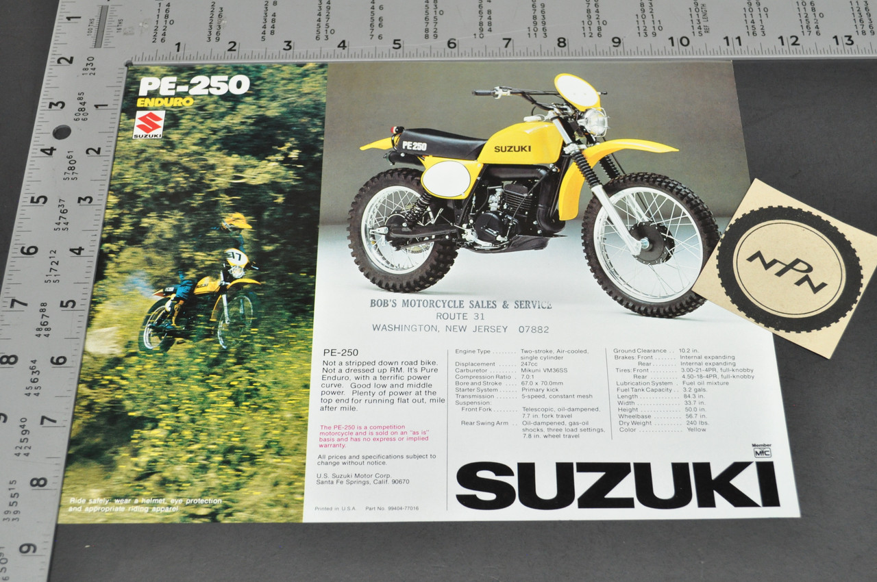 Vintage NOS 1976-77 Suzuki PE250 Brochure Enduro Motorcycle Specs Dealer Stamps