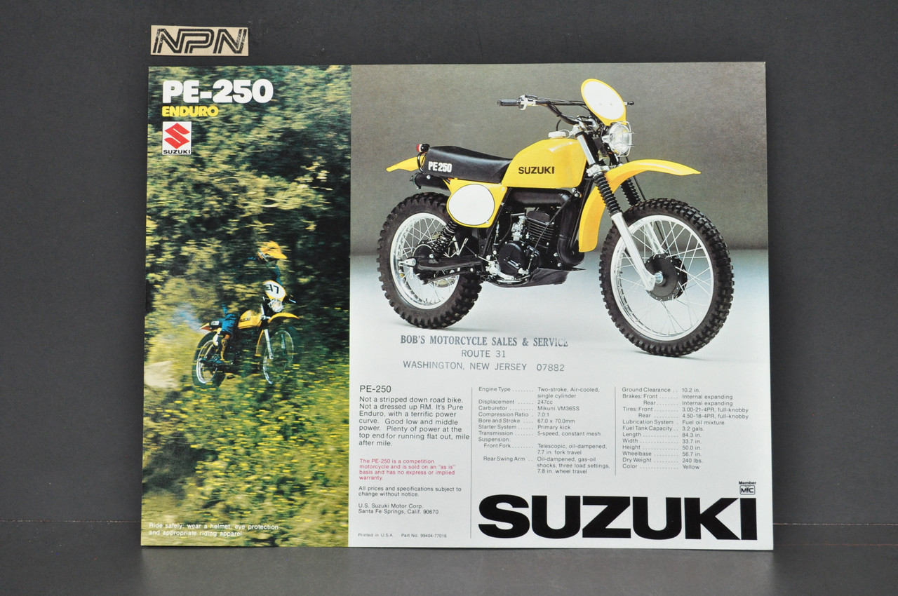 Vintage NOS 1976-77 Suzuki PE250 Brochure Enduro Motorcycle Specs Dealer Stamps