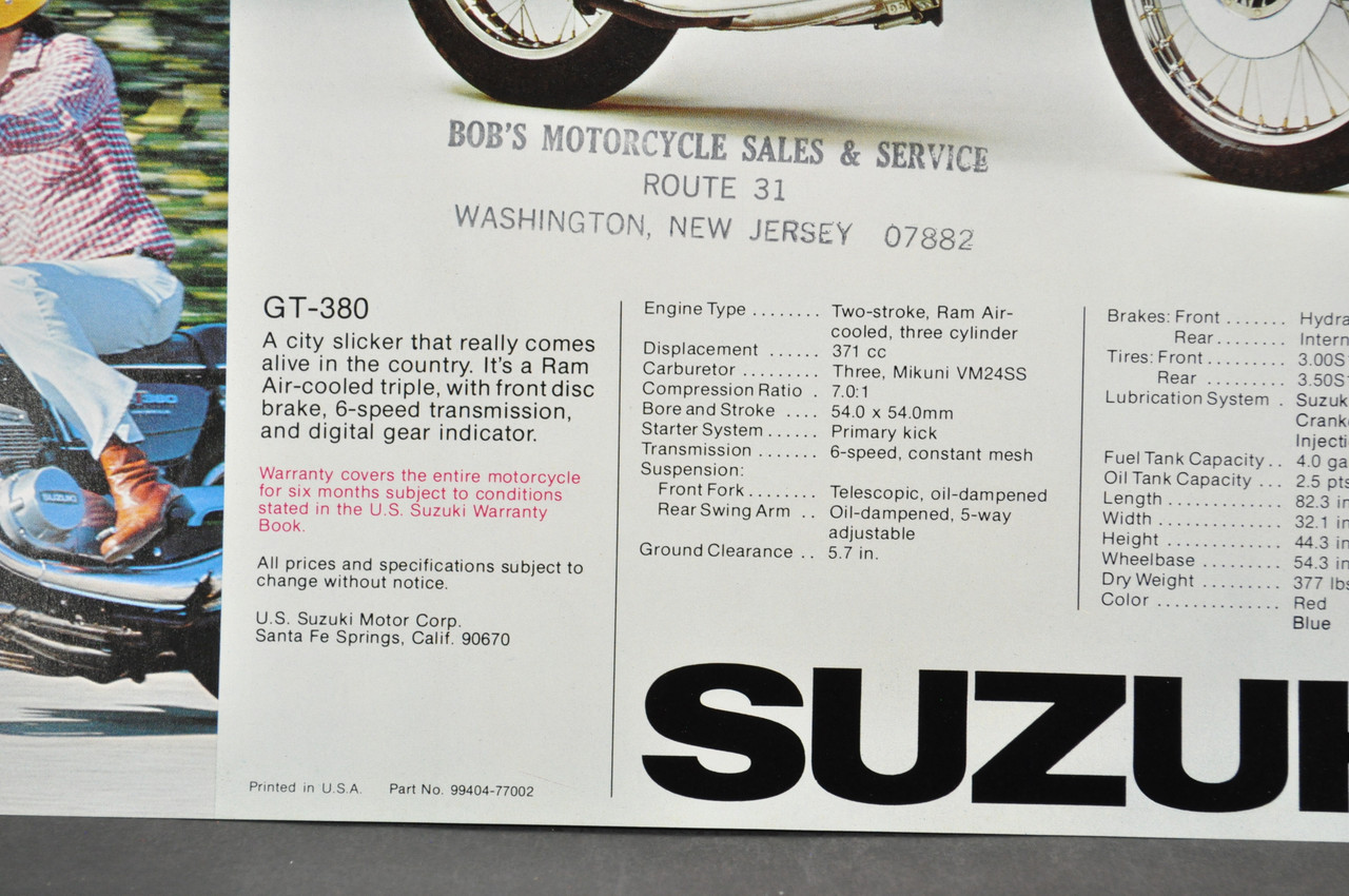 Vintage NOS 1976 Suzuki GT500 GT380 Brochure Motorcycle Specs Dealer Stamps OEM