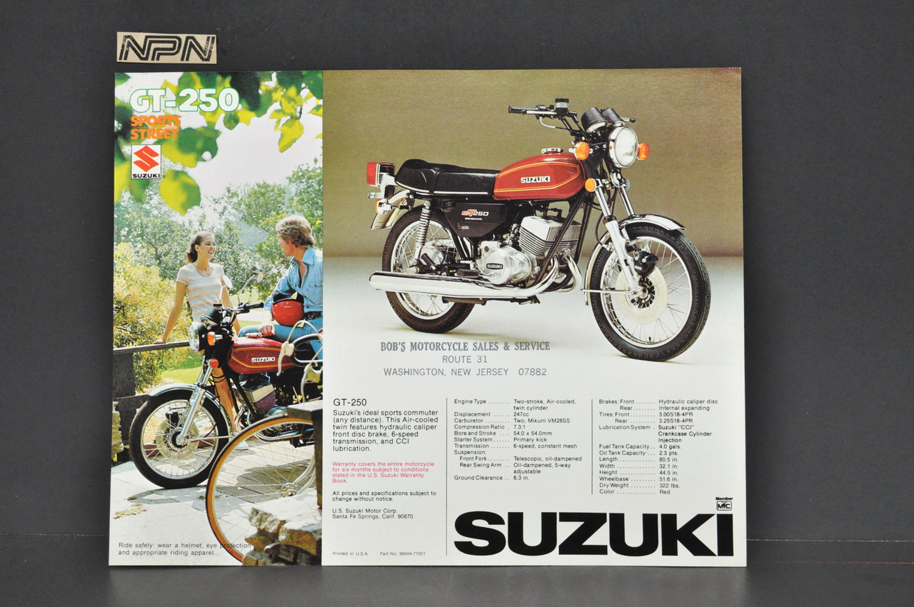 Vintage NOS 1976 Suzuki GT250 GT185 Brochure Motorcycle Specs Dealer Stamps