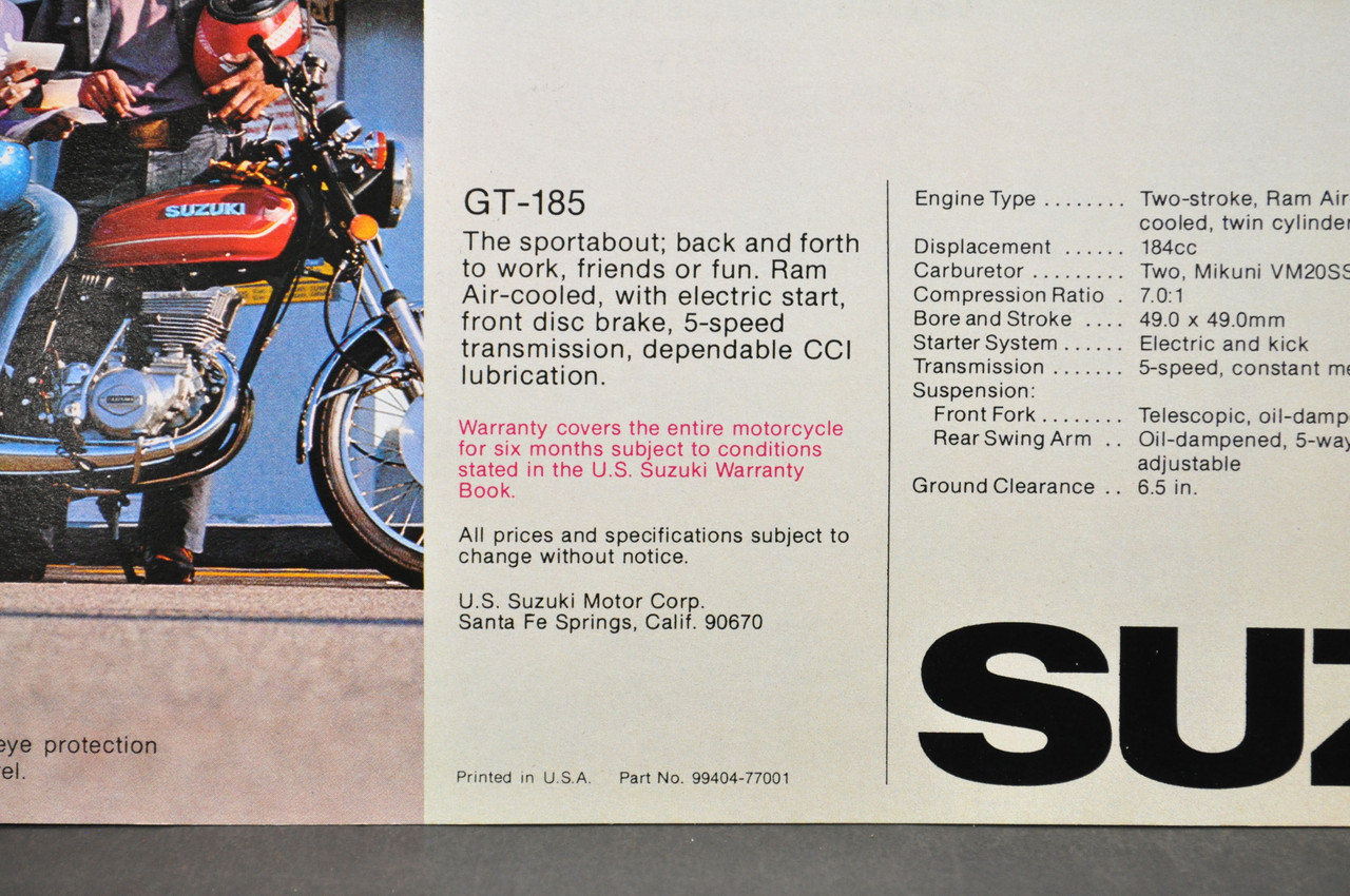 Vintage NOS 1976 Suzuki GT250 GT185 Brochure Motorcycle Specs Dealer Stamps