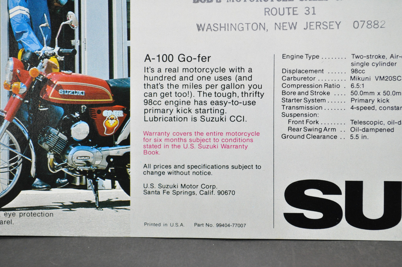 Vintage NOS 1976-77 Suzuki A100 Go-fer Brochure Motorcycle Specs Dealer Stamps