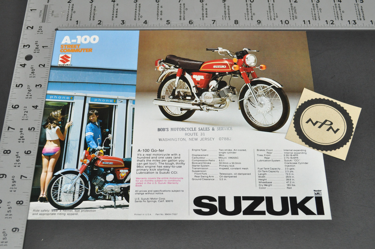 Vintage NOS 1976-77 Suzuki A100 Go-fer Brochure Motorcycle Specs Dealer Stamps
