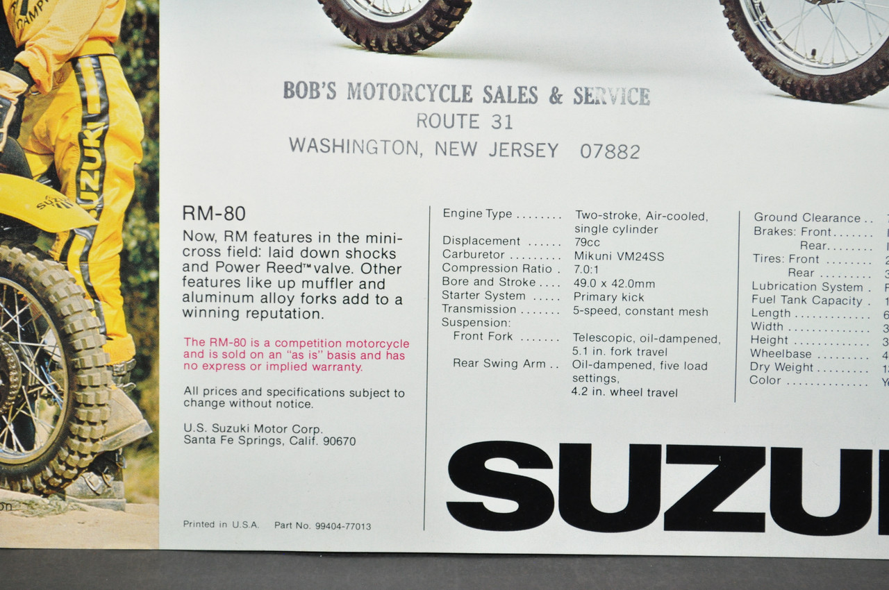Vintage NOS 1976 Suzuki RM80 Brochure Motorcycle Specs Dealer Stamps MX OEM
