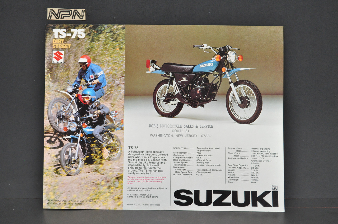 Vintage NOS 1976 Suzuki TS75 Brochure Motorcycle Specs Dealer Stamps OEM