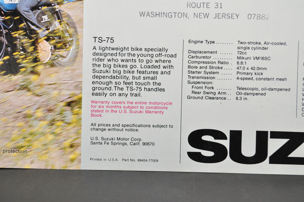 Vintage NOS 1976 Suzuki TS75 Brochure Motorcycle Specs Dealer Stamps OEM