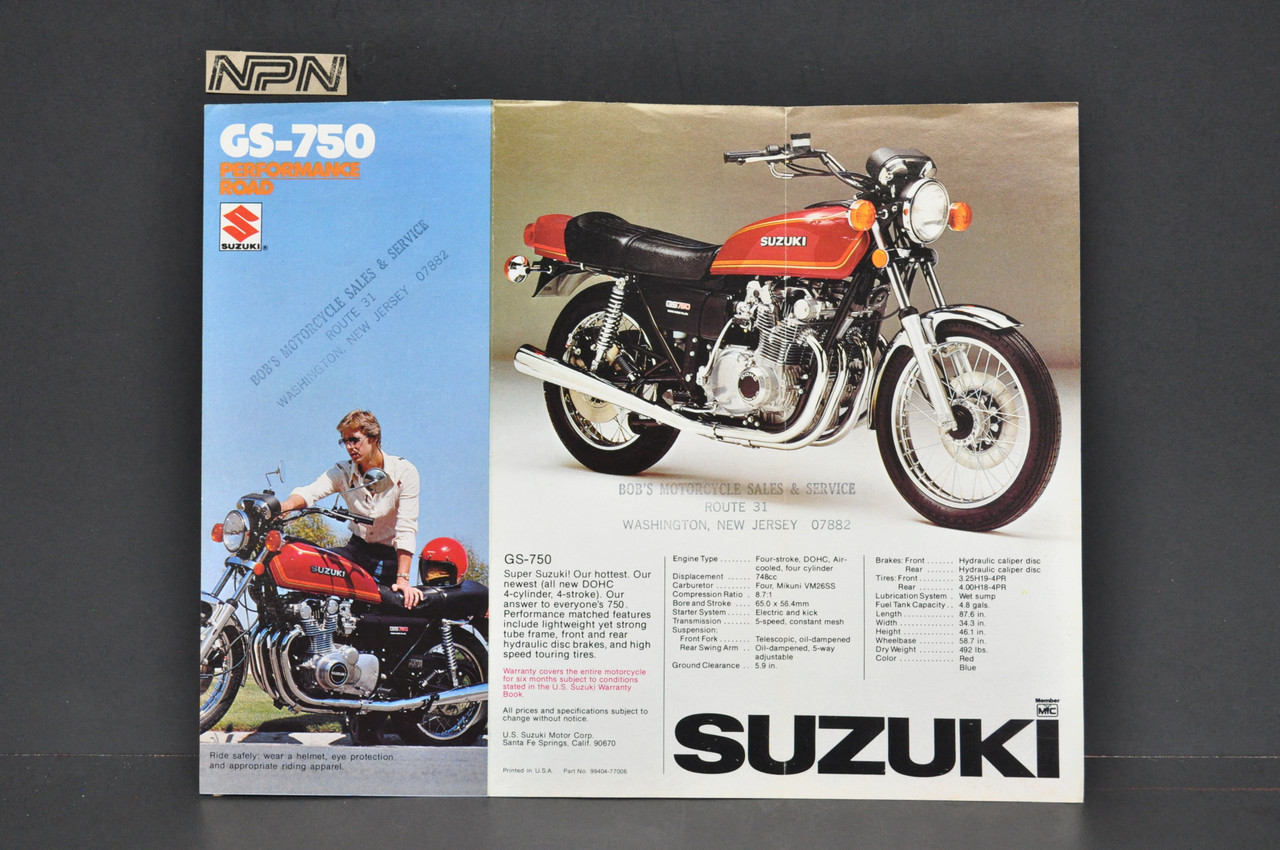 Vintage NOS 1977 Suzuki GS750 Motorcycle Brochure Specs Dealer Stamp OEM