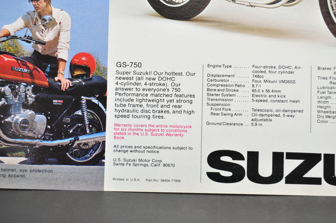 Vintage NOS 1977 Suzuki GS750 Brochure Motorcycle Specs Dealer Stamps OEM
