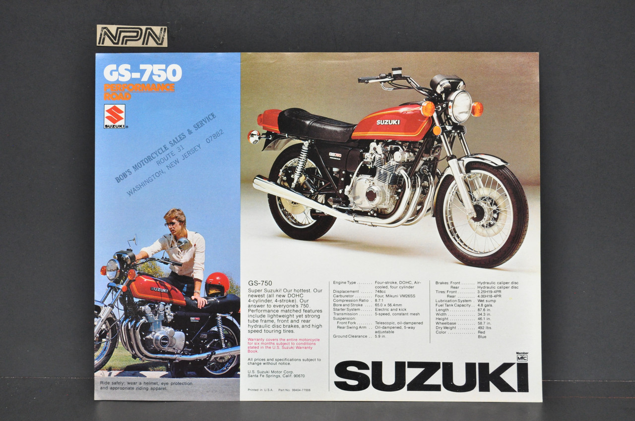 Vintage NOS 1977 Suzuki GS750 Brochure Motorcycle Specs Dealer Stamps OEM
