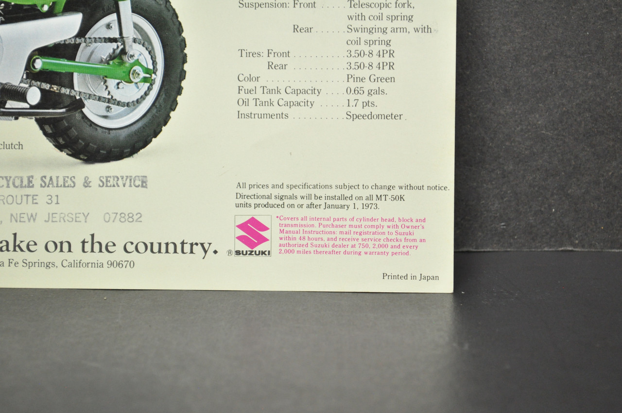 Vintage NOS 1973 Suzuki TS50 K Gaucho MT50 K Trailhopper Brochure Dealer Specs OEM