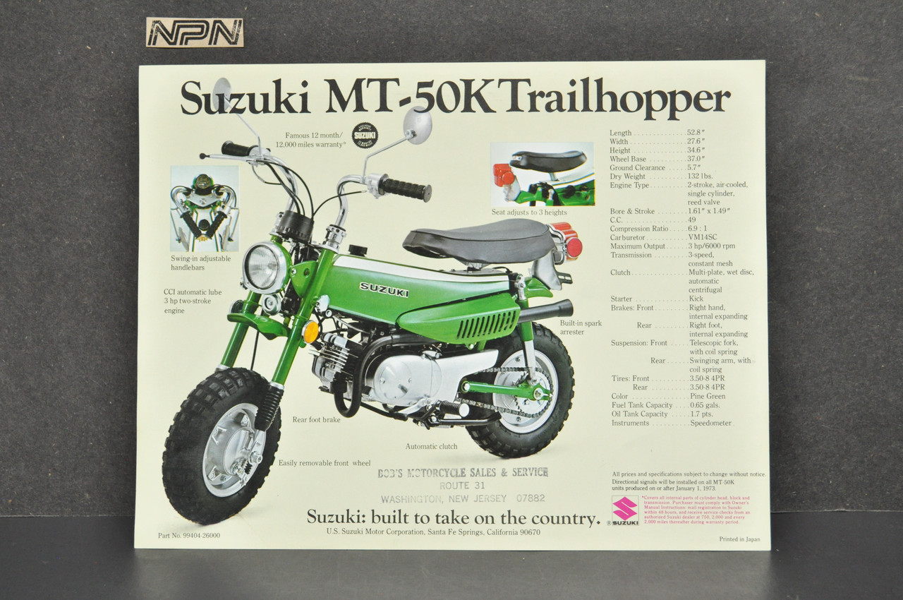 Vintage NOS 1973 Suzuki TS50 K Gaucho MT50 K Trailhopper Brochure Dealer Specs OEM
