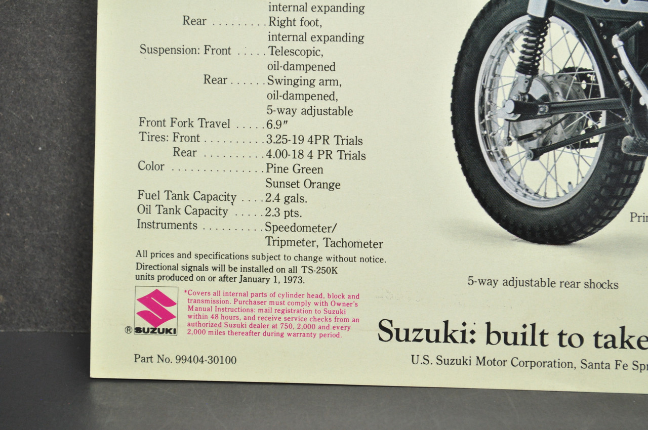 Vintage NOS 1973 Suzuki TM250 K Champion TS250 K Savage Brochure Dealer Specs