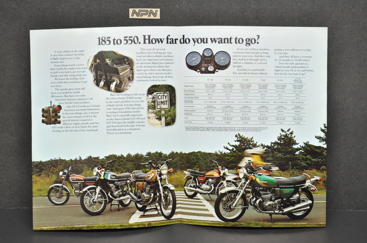 NOS 1970s Suzuki GT185 GT250 GT380 GT550 GT750 T500 Brochure Dealer Specs OEM