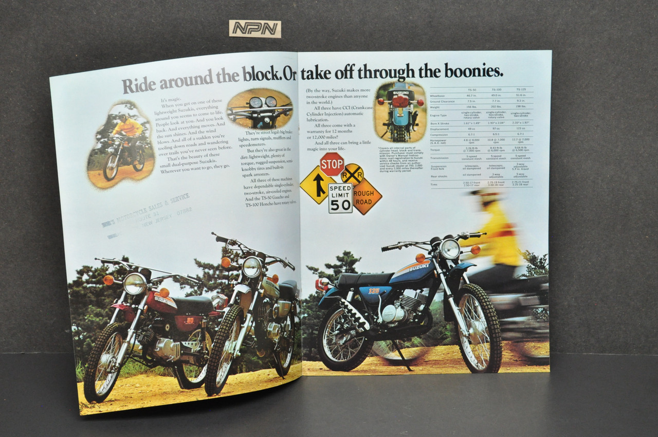 VTG 1970s Suzuki Motorcycle Brochure TS125 TS185 TS250 TS400 RV90 RV125 TS100