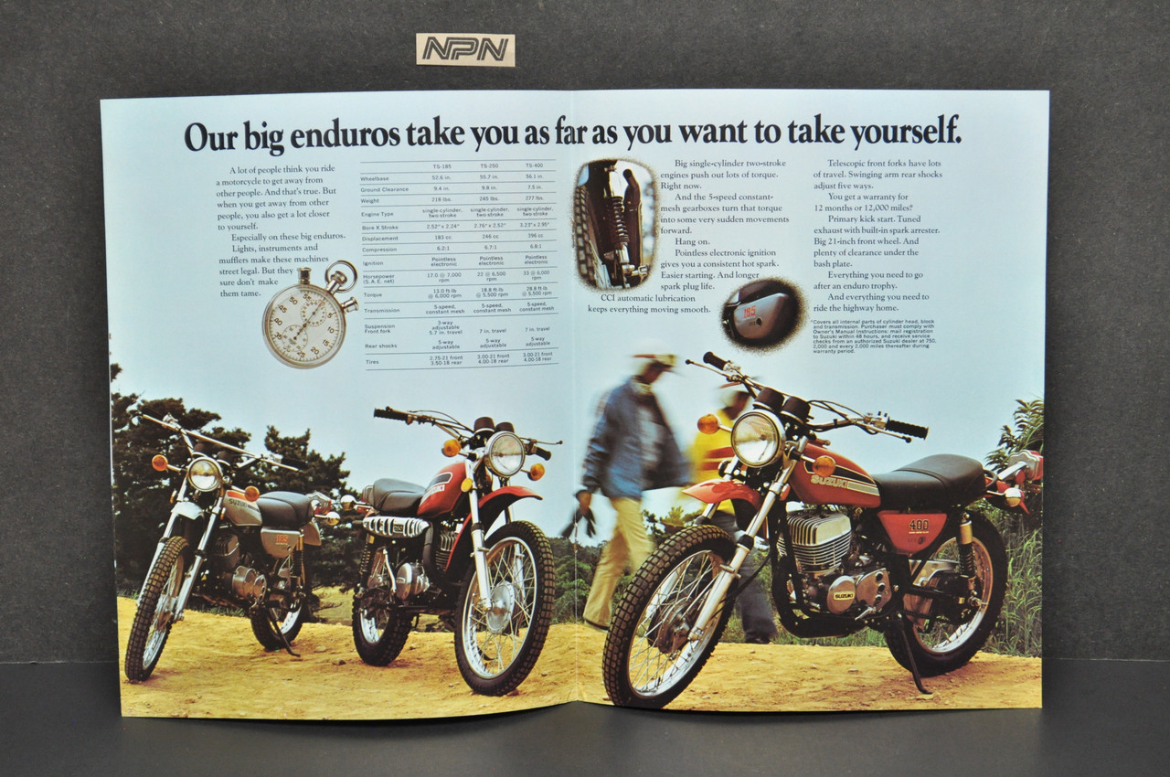 VTG 1970s Suzuki Motorcycle Brochure TS125 TS185 TS250 TS400 RV90 RV125 TS100