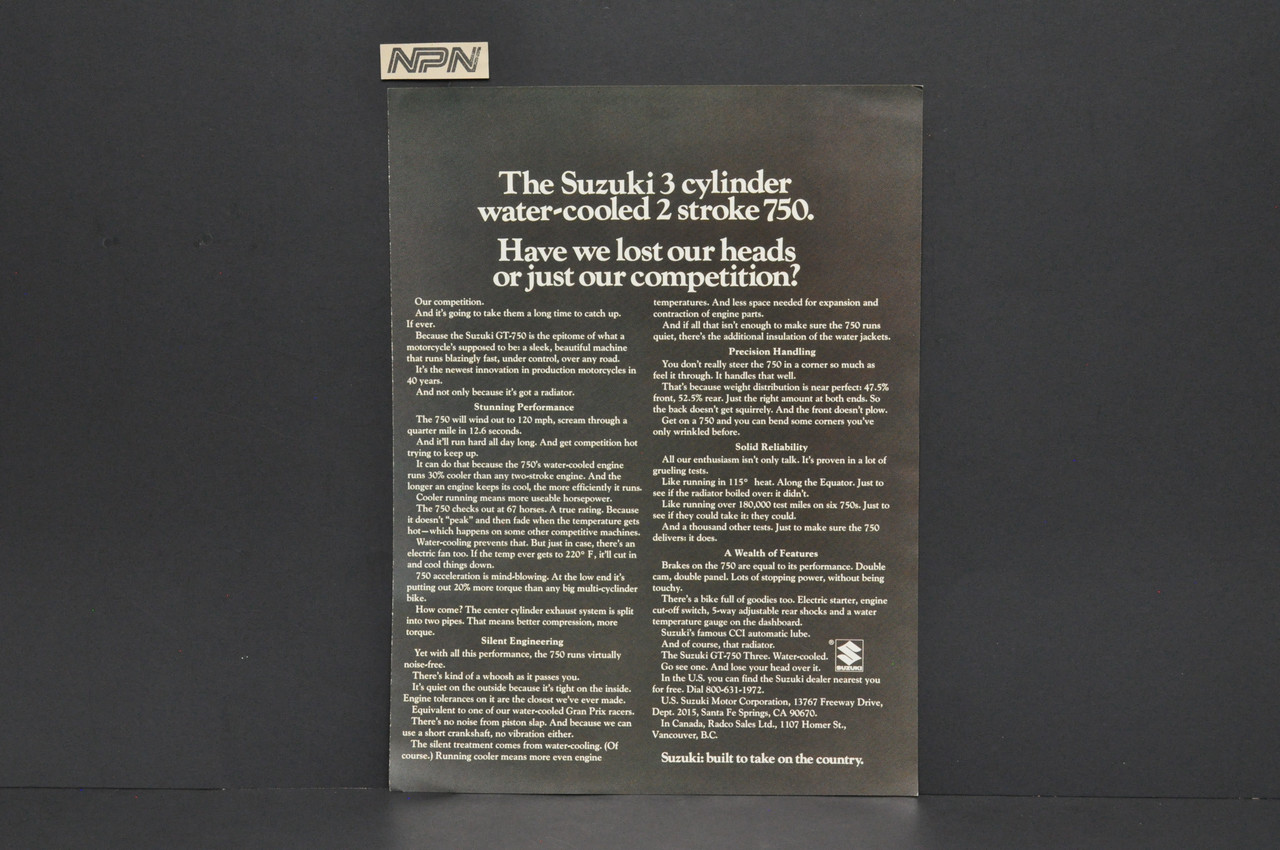 VTG NOS 1972 Suzuki GT750 Water Buffalo Motorcycle Brochure Dealer OEM Poster