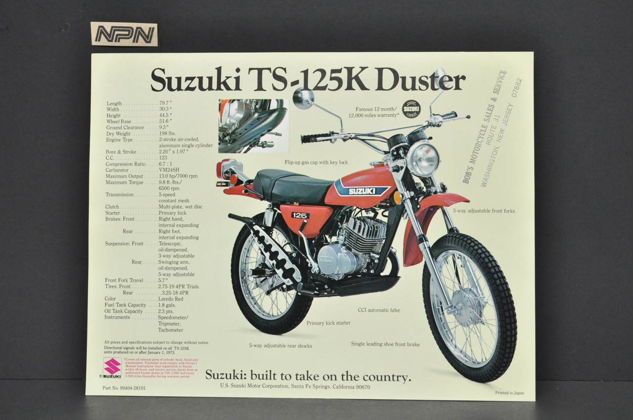 Vintage NOS 1973 Suzuki TS125 K Duster TM125 K Challenger Brochure Dealer Specs