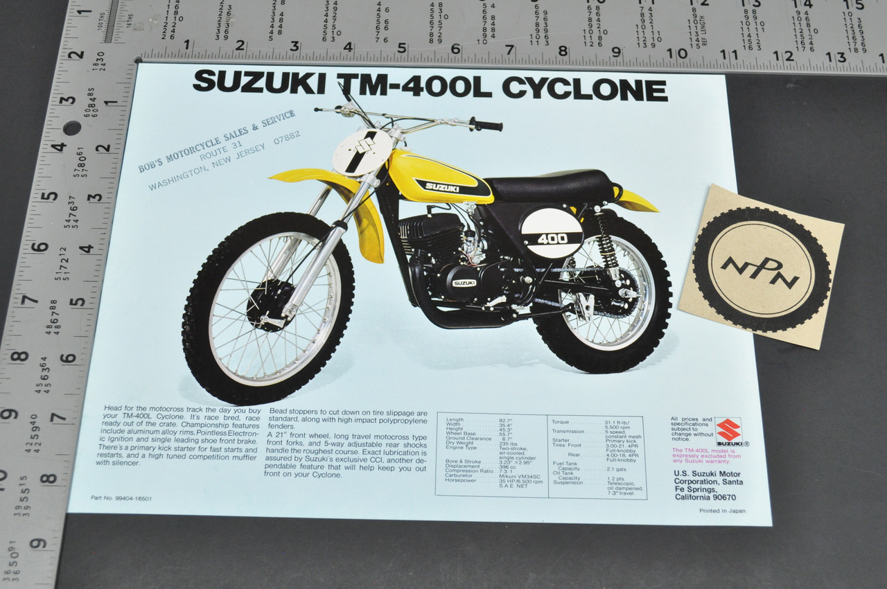 Vintage NOS 1974 Suzuki TM250 L Champion TM400 L Cyclone Brochure Dealer Specs