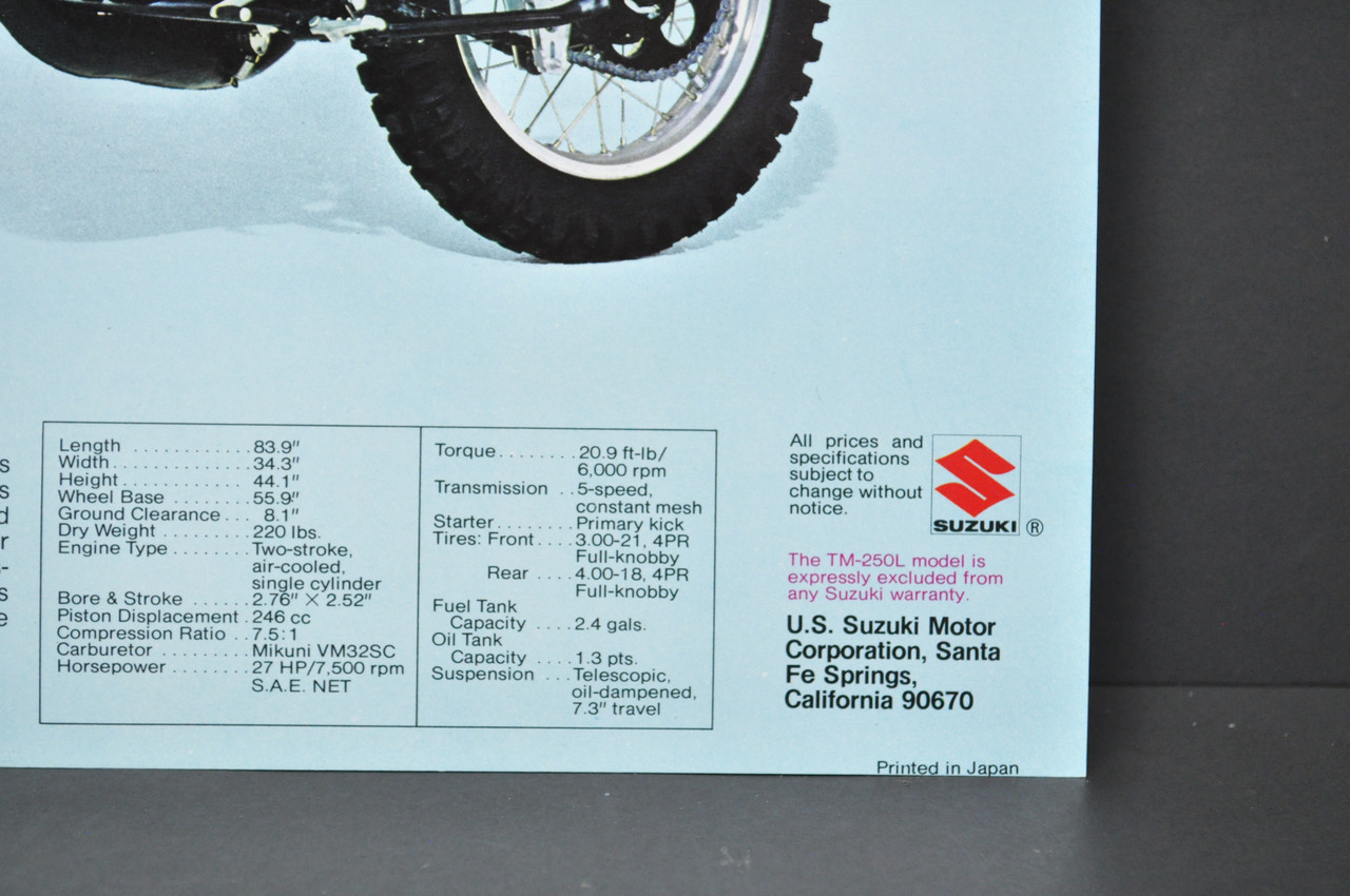 Vintage NOS 1974 Suzuki TM250 L Champion TM400 L Cyclone Brochure Dealer Specs