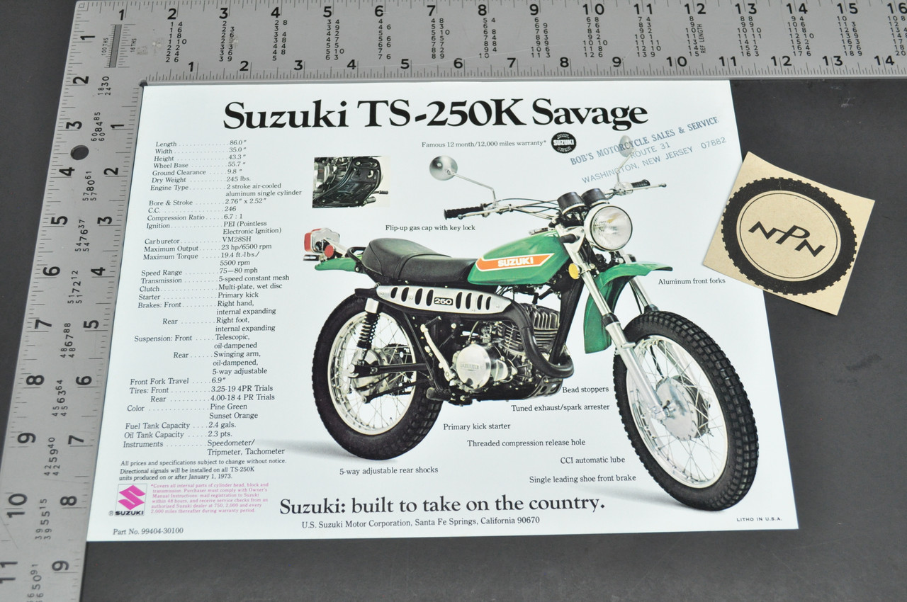 VTG NOS 1973 Suzuki TS250 K Savage TM250 K Champion Brochure Dealer Specs USA