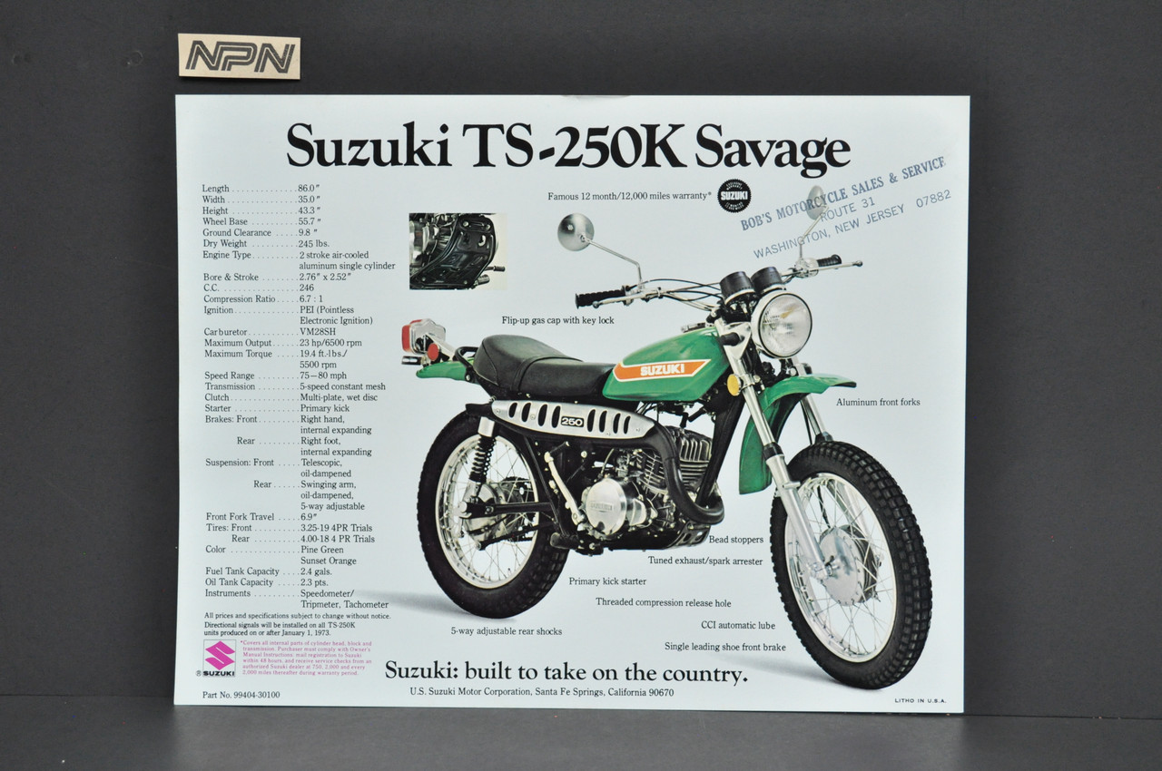 VTG NOS 1973 Suzuki TS250 K Savage TM250 K Champion Brochure Dealer Specs USA