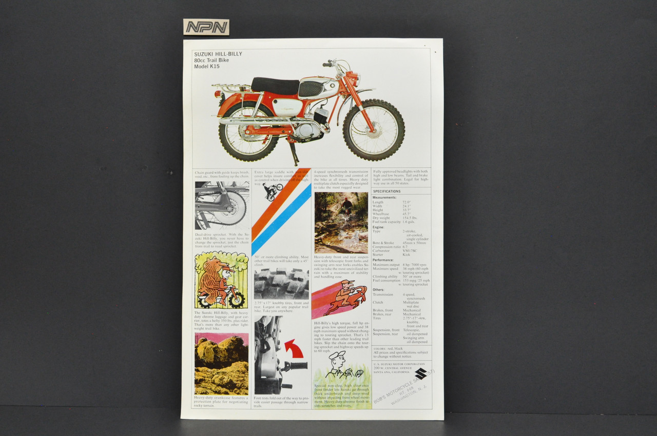 Vintage 1960s Suzuki K15 Hill Billy Motorcycle Brochure Dealer Specs Poster OEM