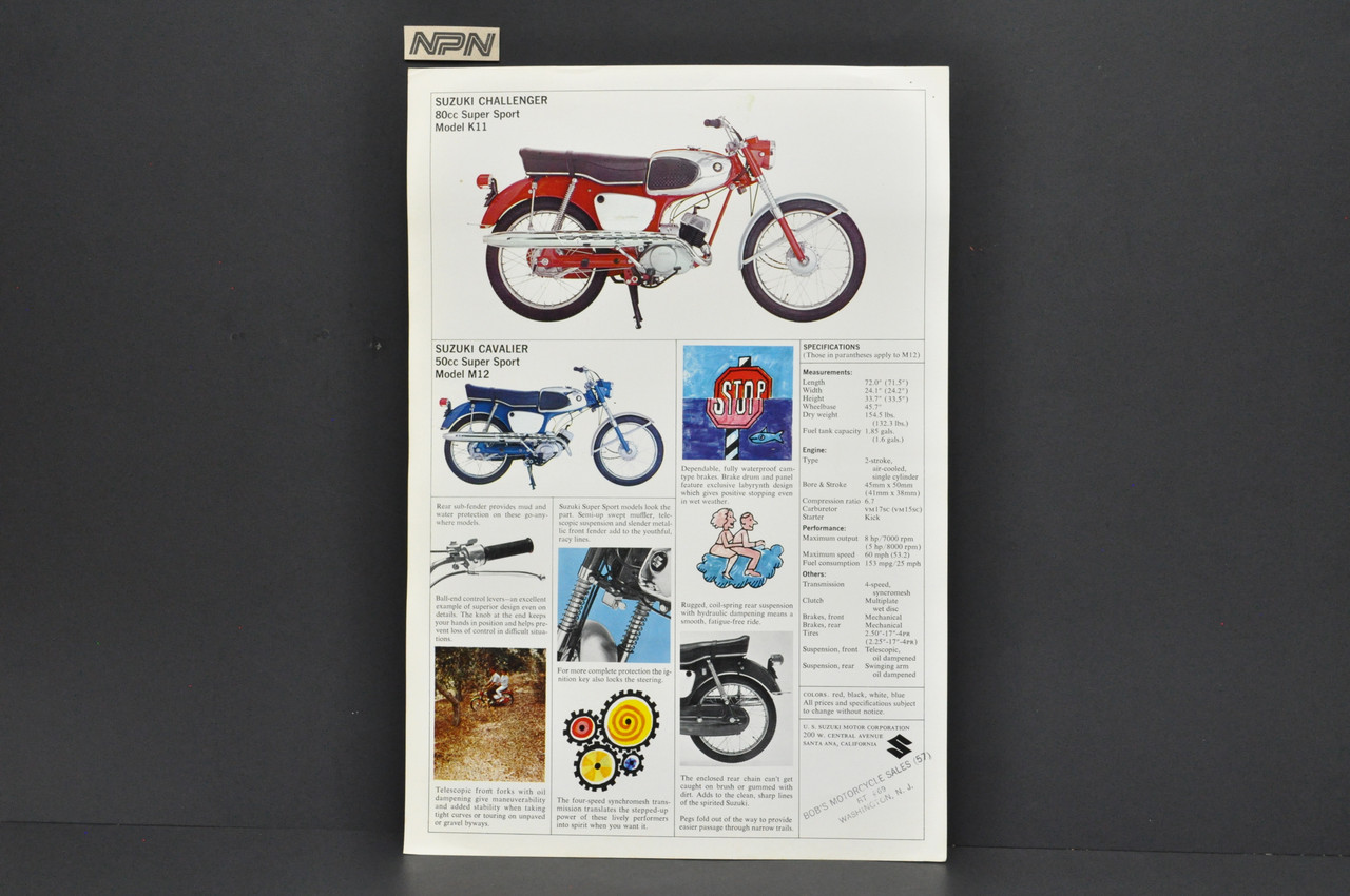 Vintage 1960s Suzuki K11 Challenger M12 Cavalier Brochure Dealer Specs Poster