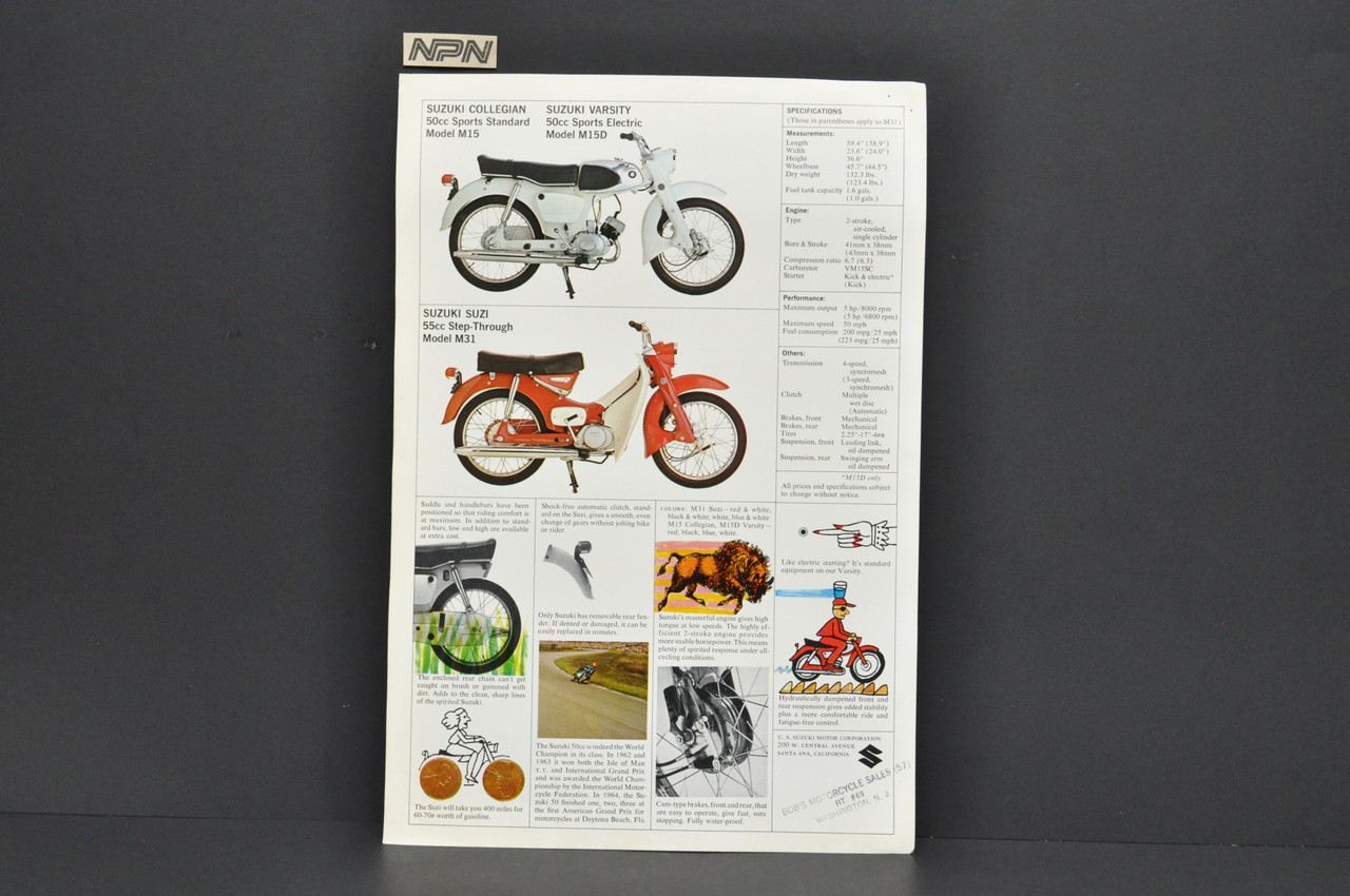 Vintage 1960s Suzuki M31 Suzi M15 Collegian M15 D Varsity Brochure Dealer Specs