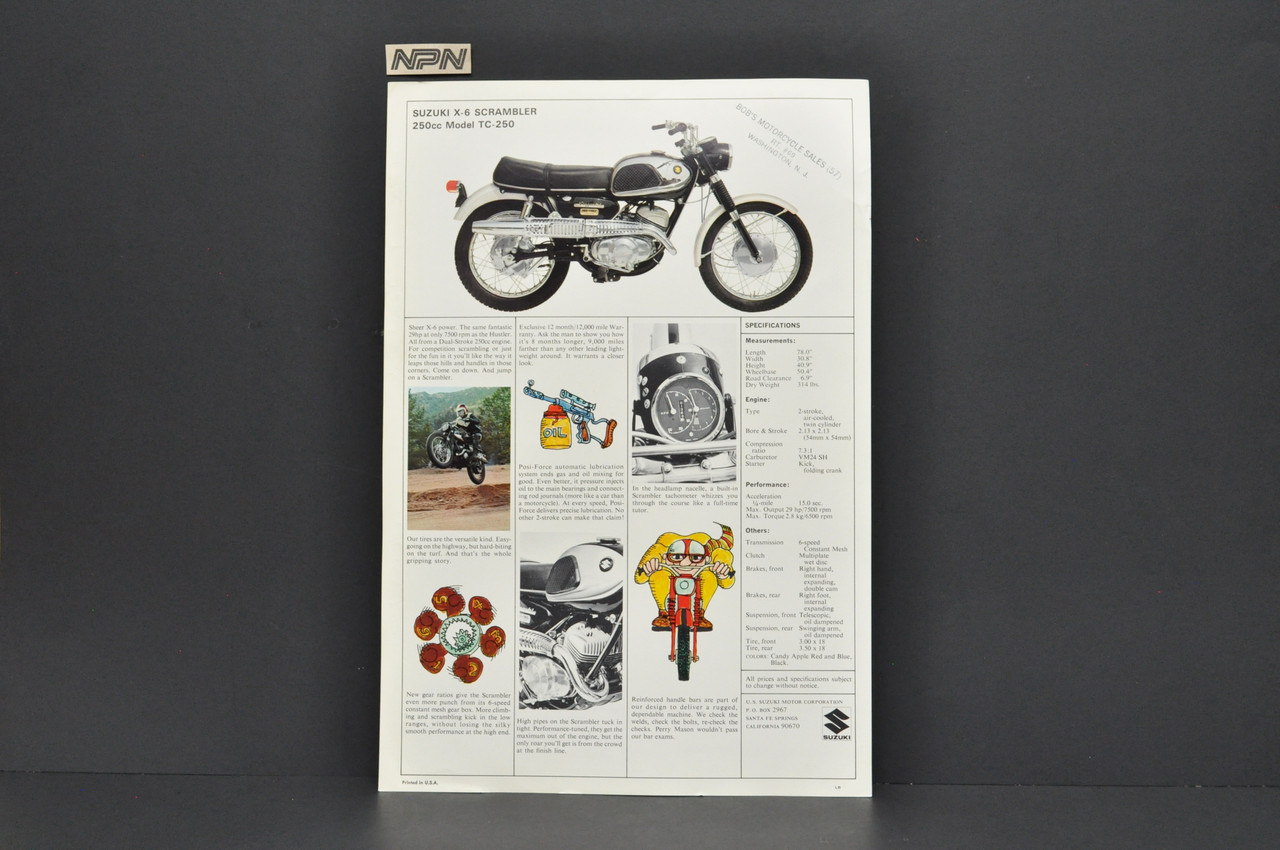 Vintage 1960s Suzuki X6 Scrambler TC250 Motorcycle Brochure Dealer Specs OEM