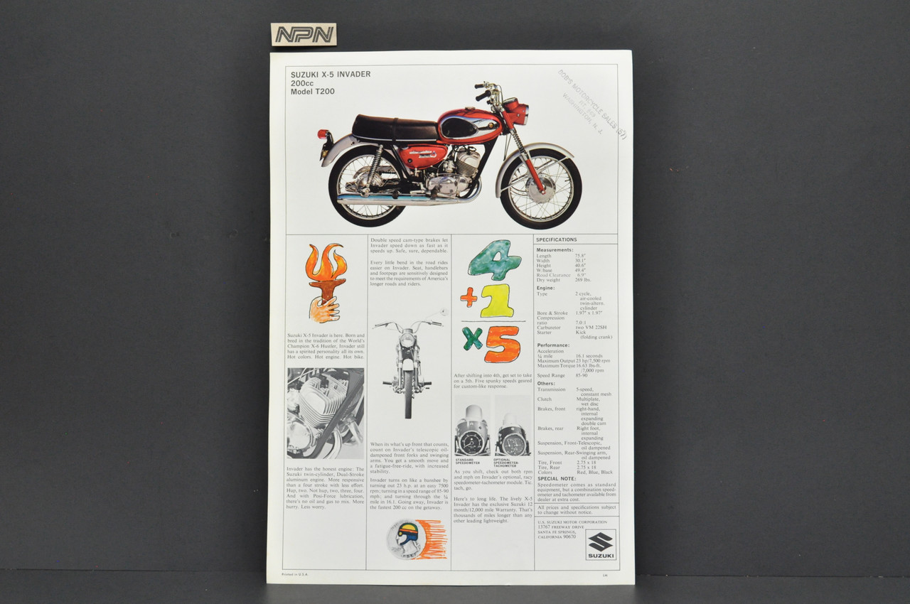 Vintage 1960s Suzuki X5 Invader T200 Motorcycle Brochure Dealer Specs OEM