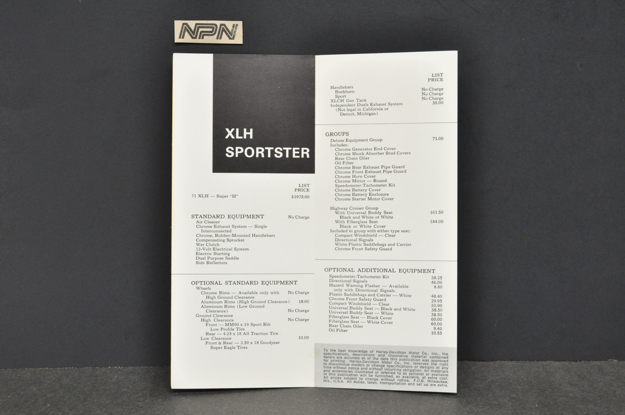 Vintage 1971 Harley Davidson Sportster XLH Retail Price List Brochure July 1970