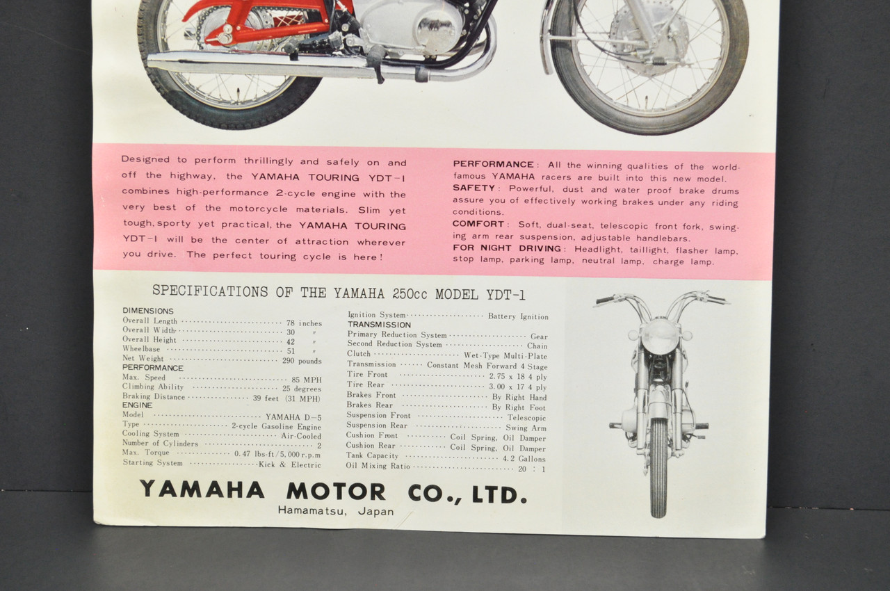 Vintage NOS 1963 Yamaha YDT1 250 YG1 80 Motorcycle Brochure Dealer OEM Specs