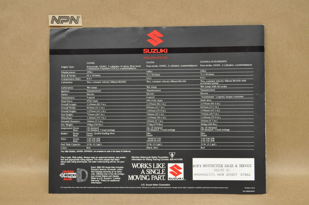 VTG 1985 Suzuki GS300 L GS450 L GS450 GA Brochure OEM Dealer Stamp Specs