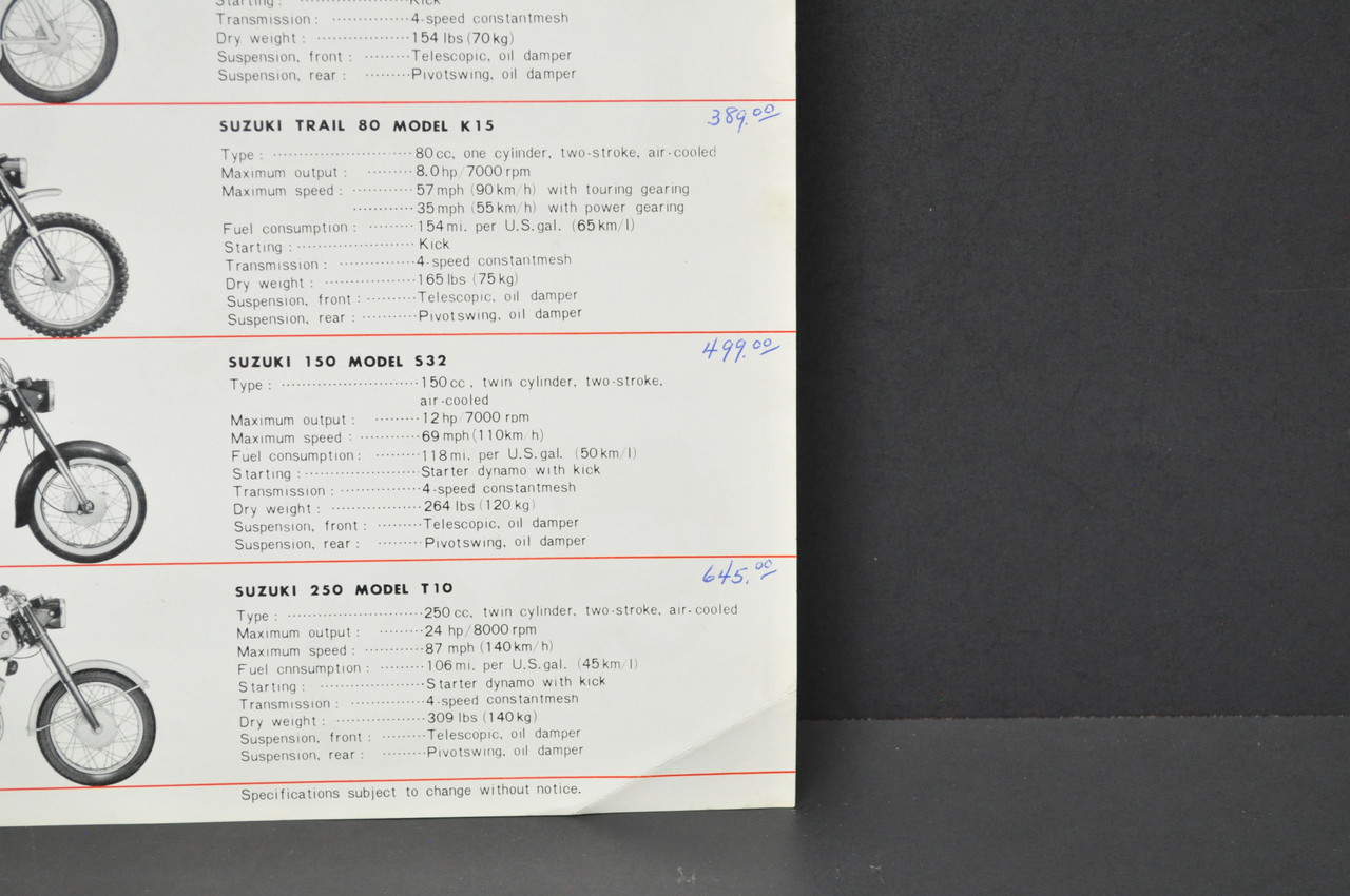 Vintage 1960s Suzuki Motorcycle Brochure M31 S32 T10 M12 M15 K10 K11 K15