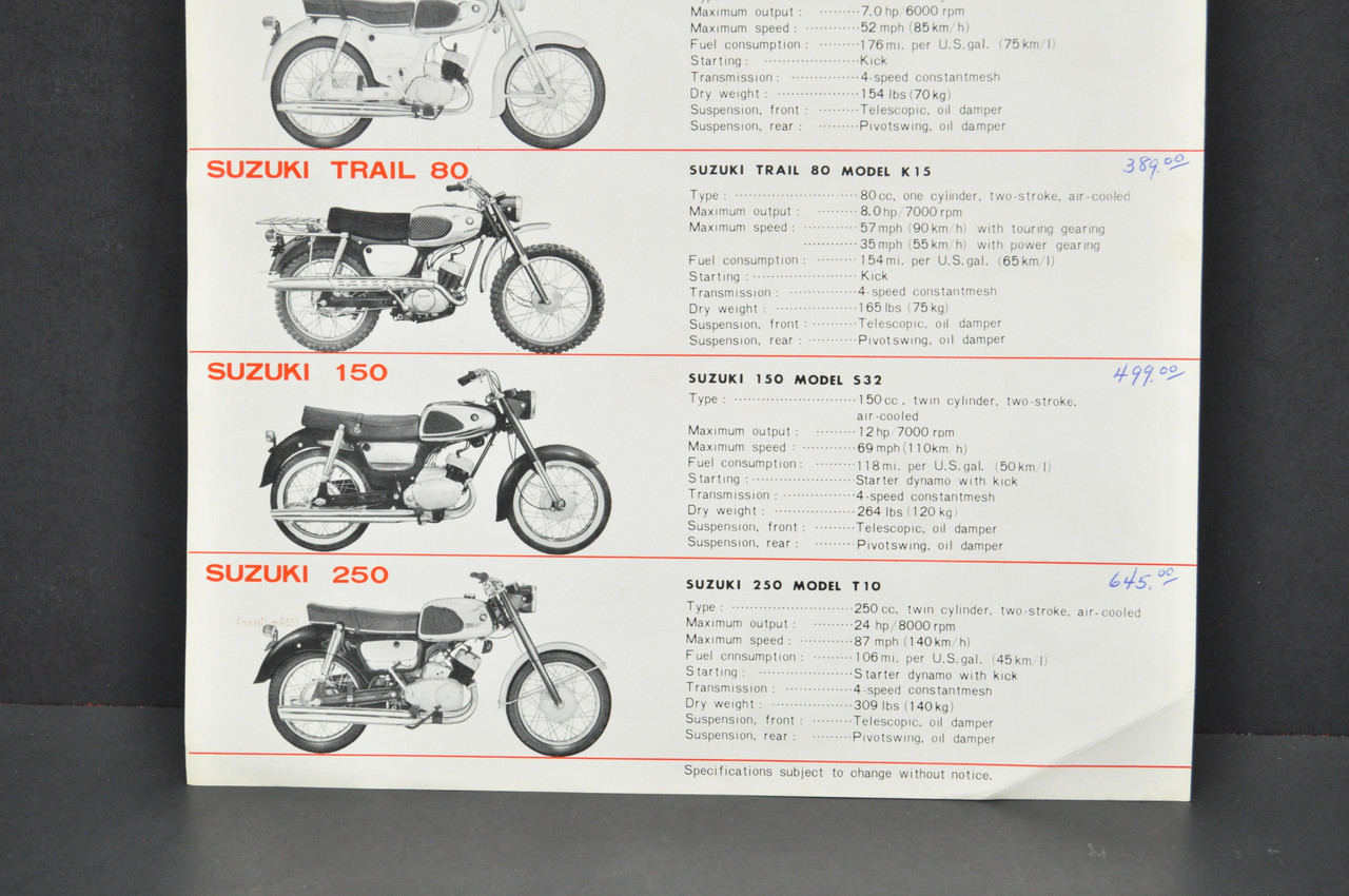 Vintage 1960s Suzuki Motorcycle Brochure M31 S32 T10 M12 M15 K10 K11 K15
