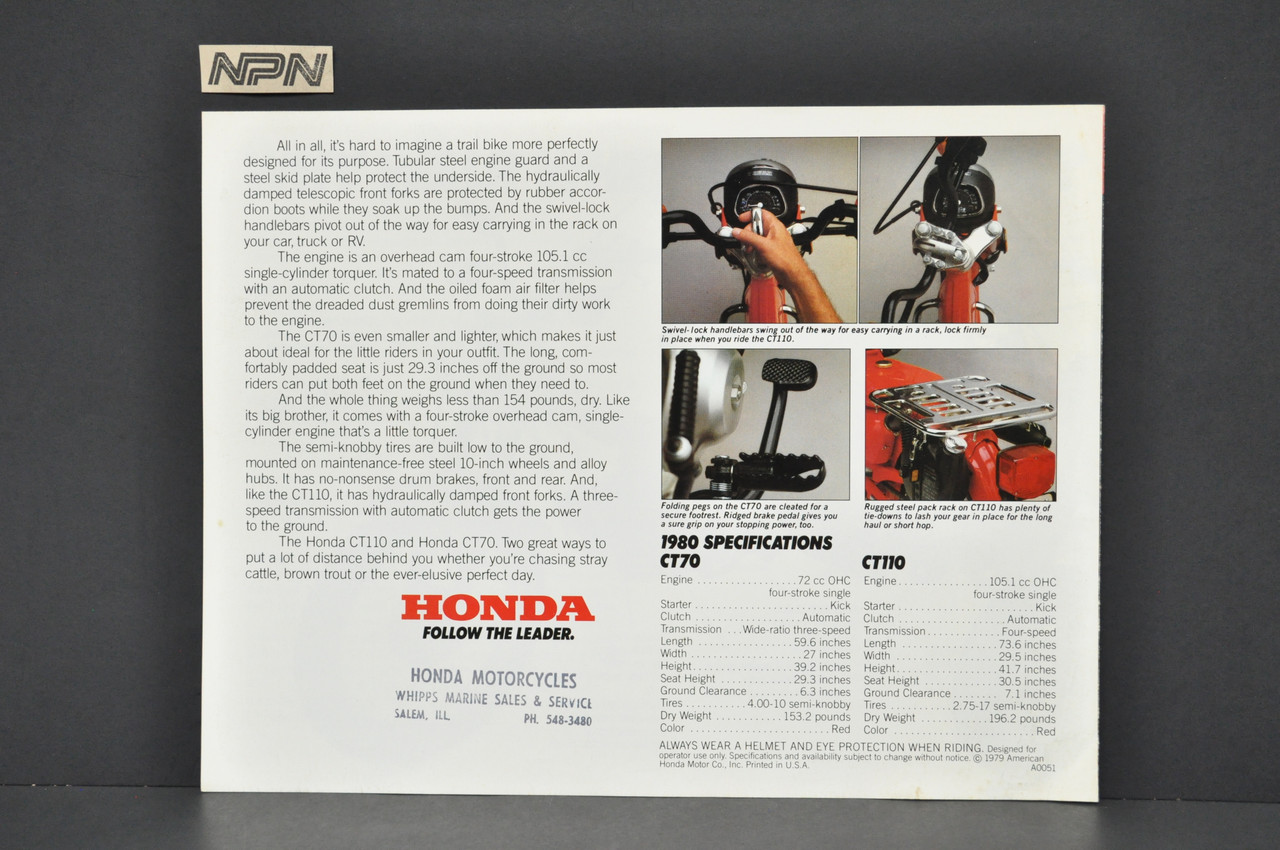 Vintage NOS 1980 Honda CT110 Trail 110 CT70 Trail 70 Brochure Illinois Stamp OEM