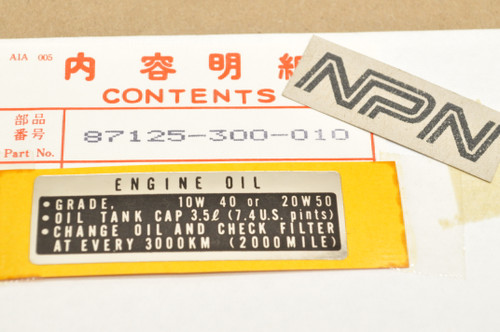 NOS Honda CB750F CB750 K0-K5 Oil Caution Label Decal Sticker 87125-300-010