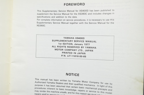 Vintage 1977 Yamaha XS400 D Shop Service SUPPLEMENT Manual 