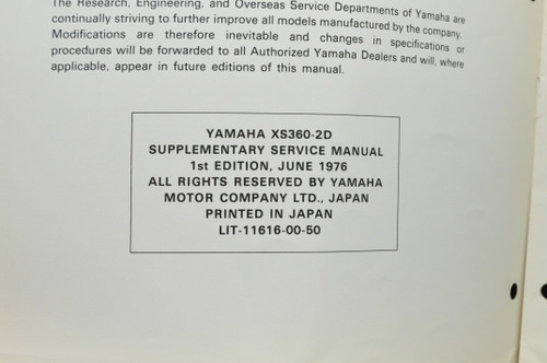 Vintage 1976 Yamaha XS360 C Motorcycle Shop Service Manual - NOS