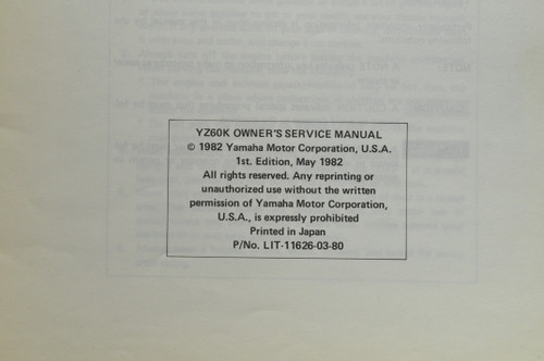 Vintage 1983 Yamaha YZ60 K Motorcycle Owners Shop Service Manual