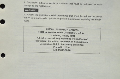 Vintage 1981 Yamaha XJ550 H Motorcycle Assembly Manual 