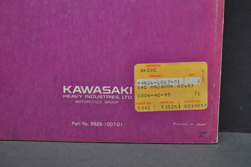 Vintage 1982-83 Kawasaki Motorcycle Shop Service Spec Manual 99926-1007-01