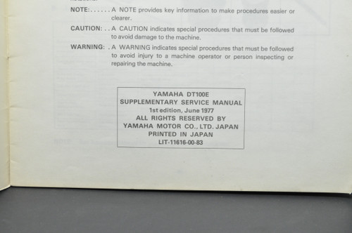 Vintage 1977 Yamaha DT100 E Motorcycle Shop Service SUPPLEMENT Manual