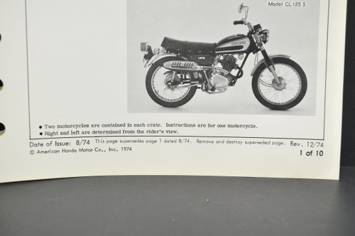Vintage NOS 1974 Honda CB125 S CL125 S Motorcycle Dealer Set Up Instruction Manual