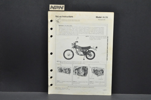 Vintage 1974 Honda XL70 K0 Motorcycle Dealer Set Up Instruction Manual